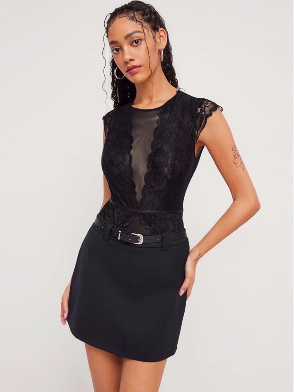 Cider Black Lace Sheer Panel Bodysuit